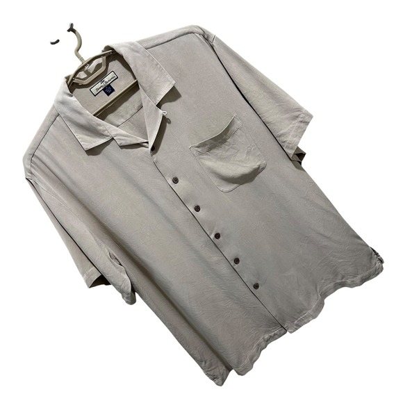 Tommy Bahama Silk Button Down Shirt Mens XL Tan Camp Collar Short Sleeve - Picture 2 of 7